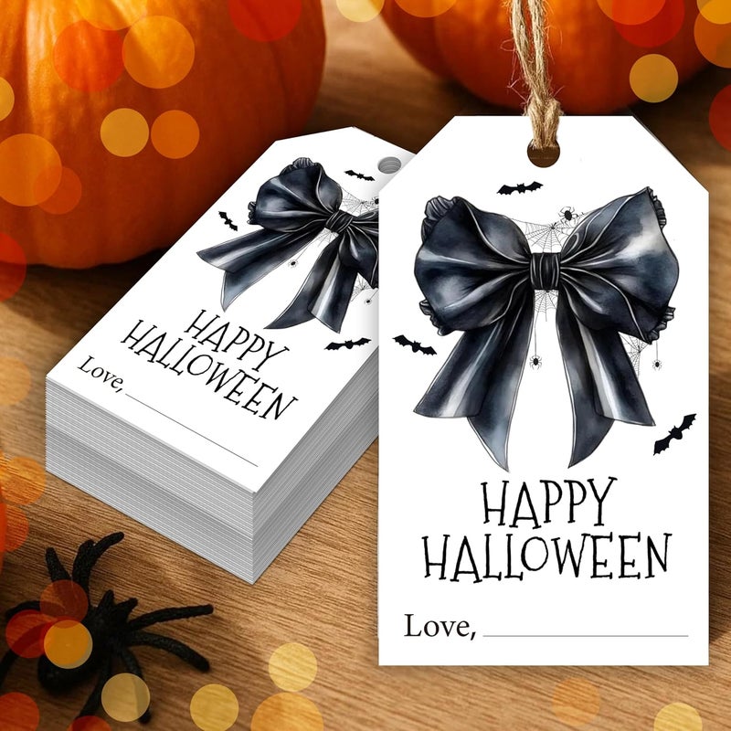 HandEasy 50 Pcs Halloween Tags with String, 2.1"×3.5" Bowknot Paper Gifts Tags, Bat Trick or Treat for Candy, Spider Happy Halloween Gifts Tag Wrap for Party Favor - B06 - Image 1